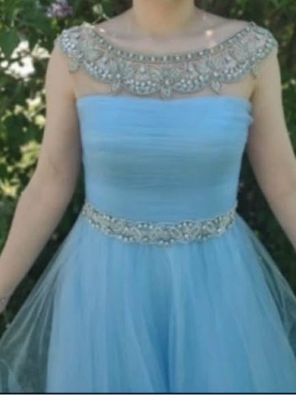 Light Blue Tulle Evening Dress with Beaded Neckline